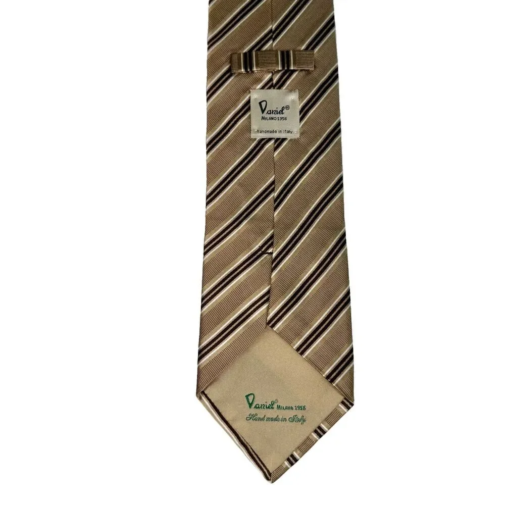 DANIEL Milano 1956 - Men's Silk Tie Brown Tan White Stripe REPP 60
